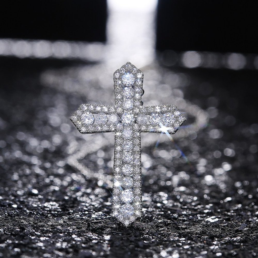 NEW Silver Round Diamond Holy Cross Necklace - Picture 6 of 8